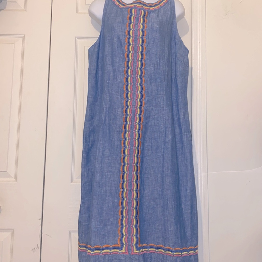 Talbots Blue Midi Dress with Multicolor Trim